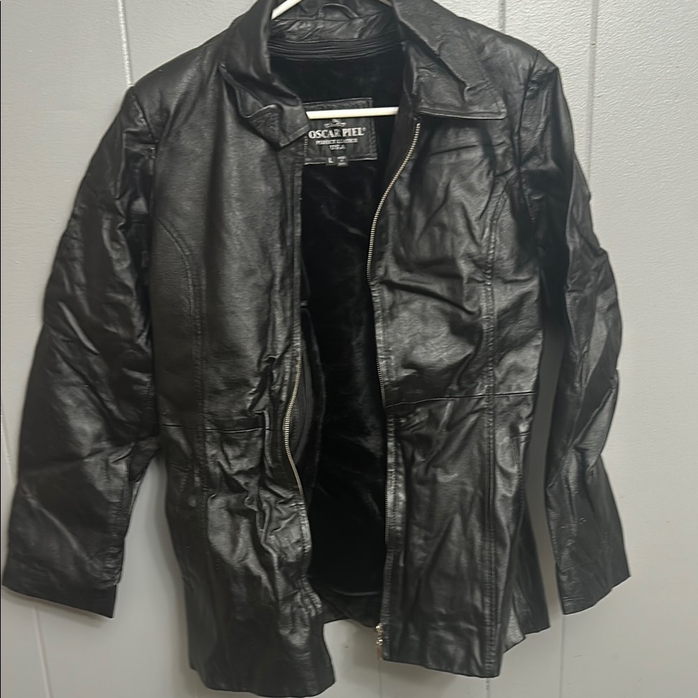 Vintage Oscar Piel Black Leather Jacket women’s large black fur lined